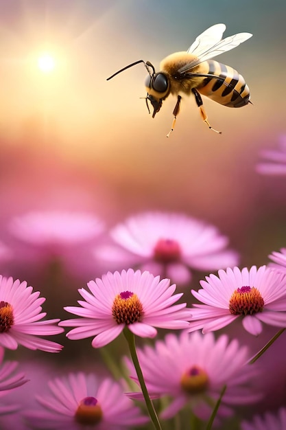 photo of a bee on a flower with the sun rising on it and the sky in the background