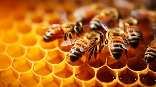 photo of a bee hive on a honeycomb with copyspace