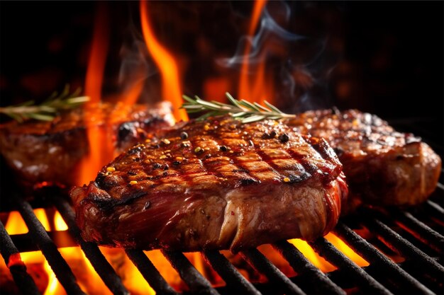 Photo beef steaks on the grill with flames