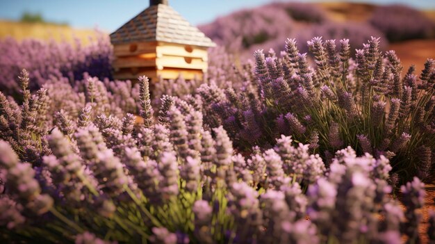 A photo of a beehive surrounded by lavender bushes