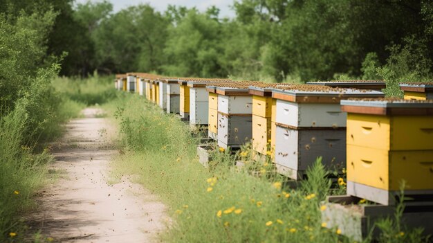 A Photo of Beehives with Busy Bees Collecting Honey