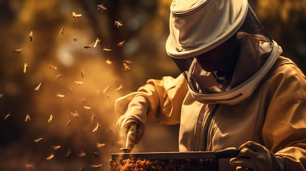 A photo of a beekeeper harvesting honey