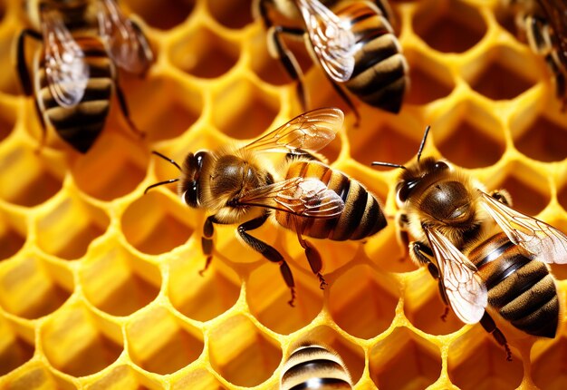 Photo of bees on honeycomb with honey and collecting honey from bee farm