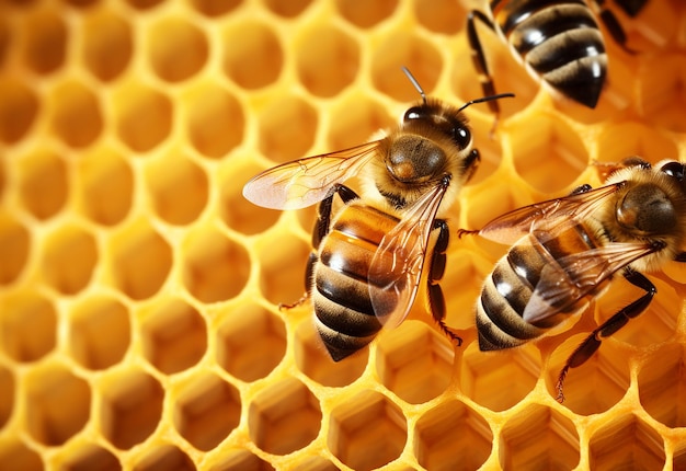 Photo of bees on honeycomb with honey and collecting honey from bee farm