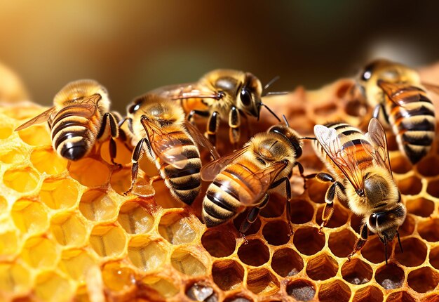 Photo of bees on honeycomb with honey and collecting honey from bee farm