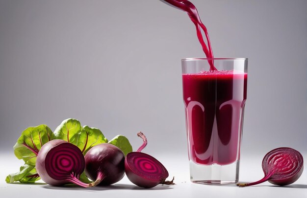 Photo photo of a beet juice with pieces of beet isolated on smooth background