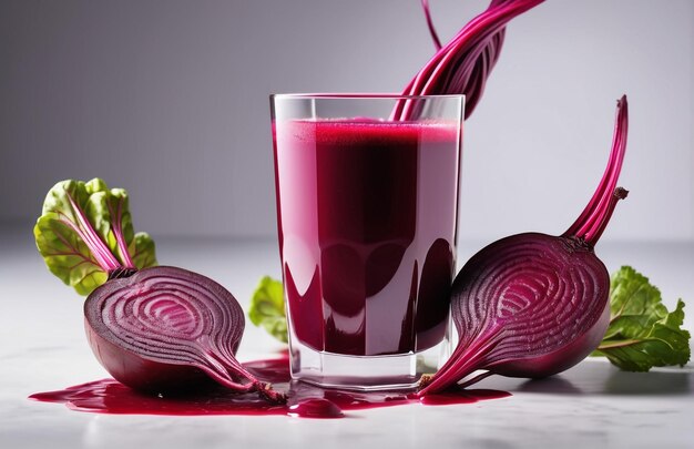 Photo of a beet juice With pieces of beet Isolated on smooth background