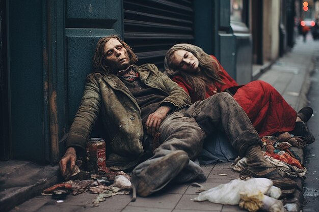 photo beggars lying on the side of the street with dirty clothes