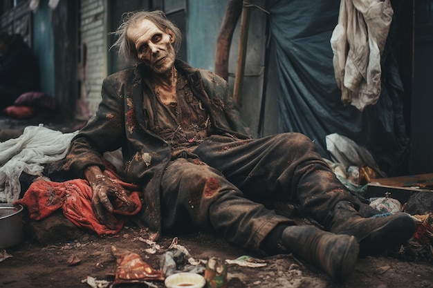 汚れた服を着て通り側に横たわっている乞食の写真