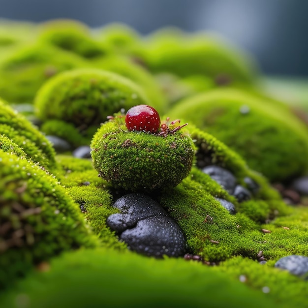 photo of a berry on juicy green moss