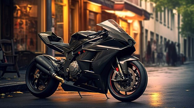 A photo of a bicycle and a racer motorcycle parked