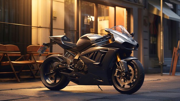 A photo of a bicycle and a racer motorcycle parked