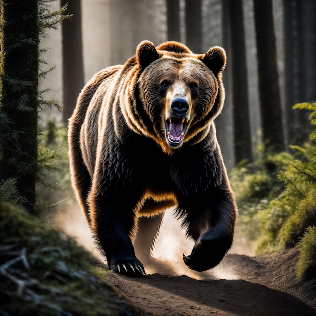 photo of big angry grizzly bear running in the jungle generative AI