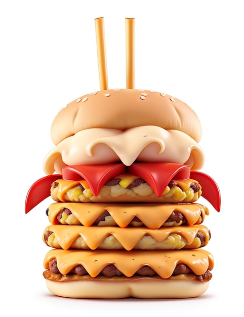 Photo big double cheddar cheeseburger with chicken cutlet with flying ingredients isolated on Burger