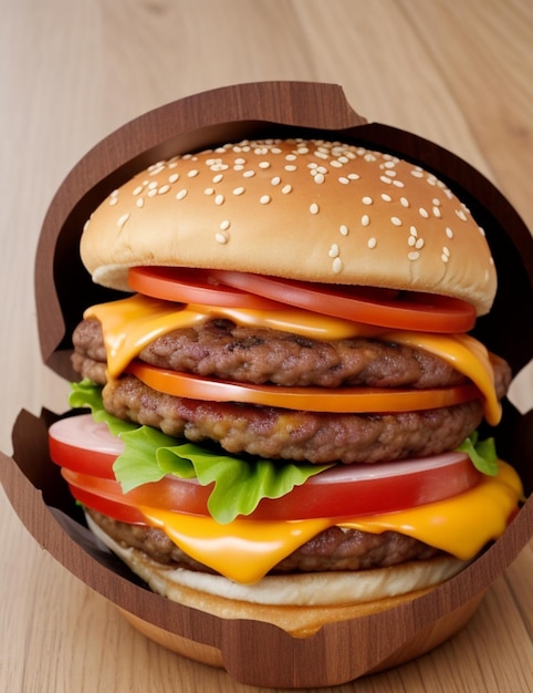 Photo big double cheddar cheeseburger with chicken cutlet with flying ingredients isolated on wooden Burger food