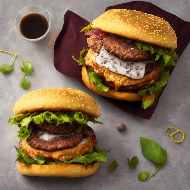 Photo big double cheddar cheeseburger with chicken cutlet with flying ingredients isolated on wooden Burger food