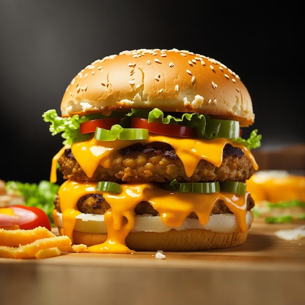 фото большой двойной чизбургер с чеддером и куриной котлетой