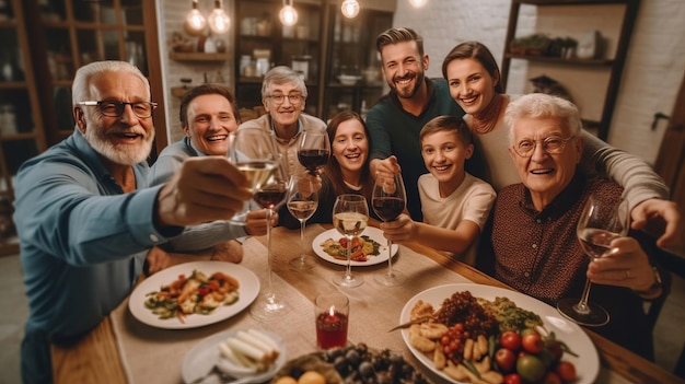 Photo of big family sit feast dishes table around roasted turkey multigeneration relatives