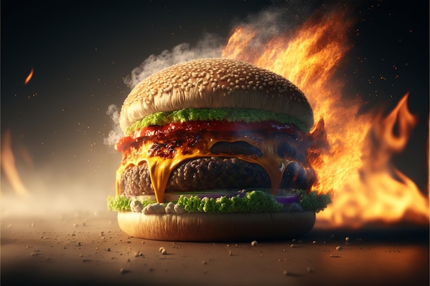 Photo big sandwich - hamburger burger with fire image 03