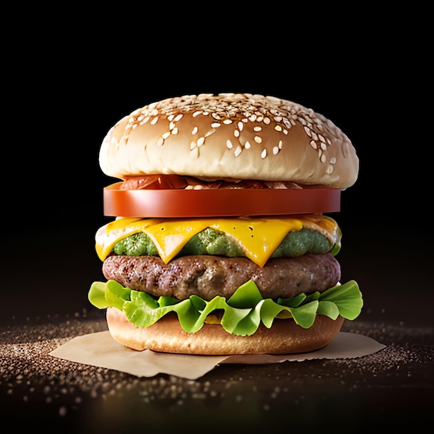 Photo big tasty cheeseburger with meat and vegetables on a black background