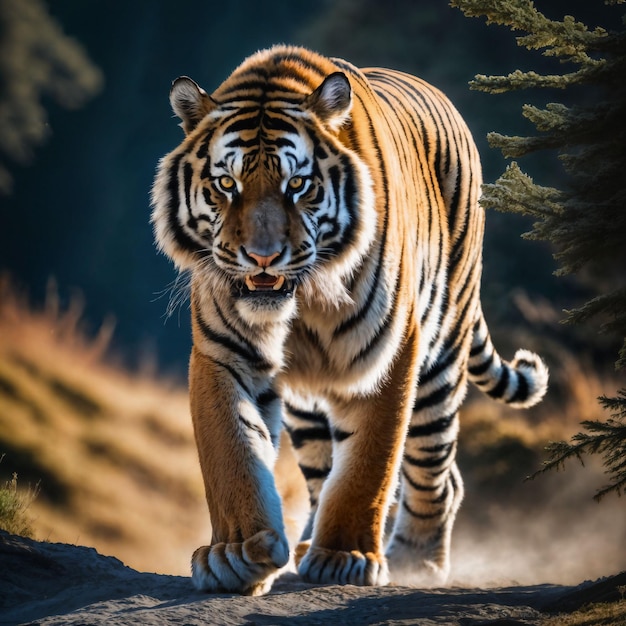 photo of big tiger running in the forest generative AI