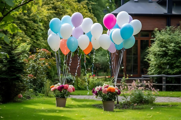 Photo photo of birthday balloons in a garden setting