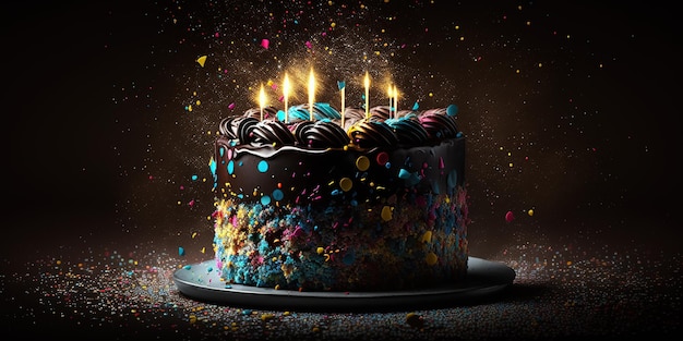 사진 생일 케이크에는 색종이 조각 촛불과 조명이 검은 테이블에 흐릿한 배경이 있습니다.