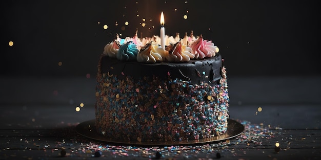 Photo birthday cake with confetti candles and lights on black table blurred background