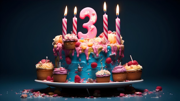фото Свеча на день рождения в виде числа три 3 на вершине сладкого торта 3-й день рождения генеративный ai