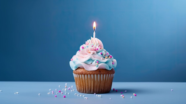 Photo birthday cupcake with candle on blue background