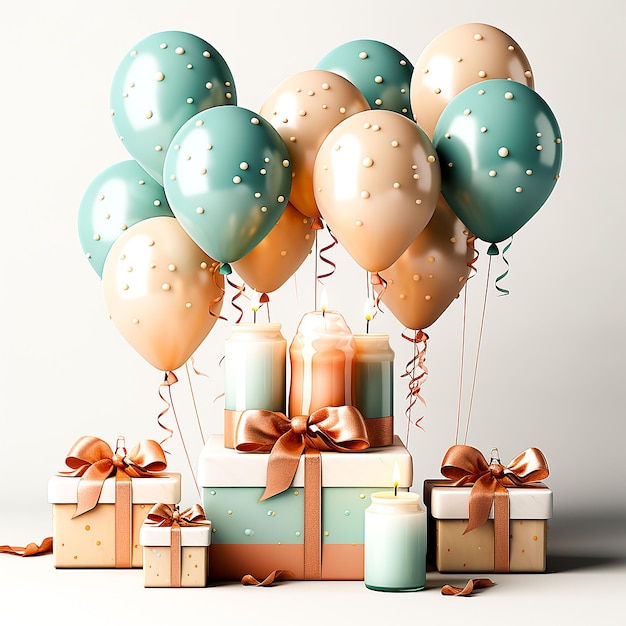 photo birthday table with a blue cake balloons and gifts ai generative