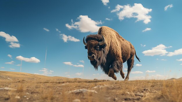 Foto foto di un bisonte sotto il cielo blu