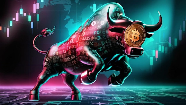 photo of bitcoin with aggressive bull for bull market crypto