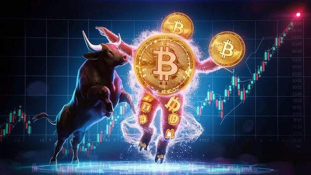 photo of bitcoin with aggressive bull for bull market crypto
