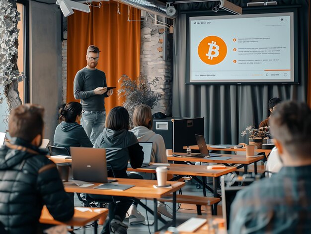 Photo photo of bitcoin workshop with instructors teaching skills educationa crypto idea poster banner