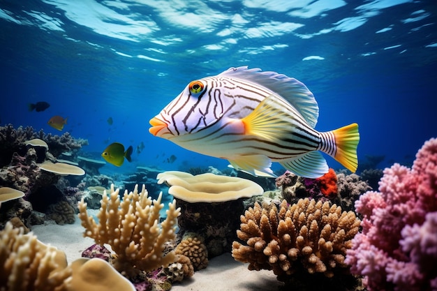 Фото причудливой рыбы и кораллов на песке под водой в морском пейзаже