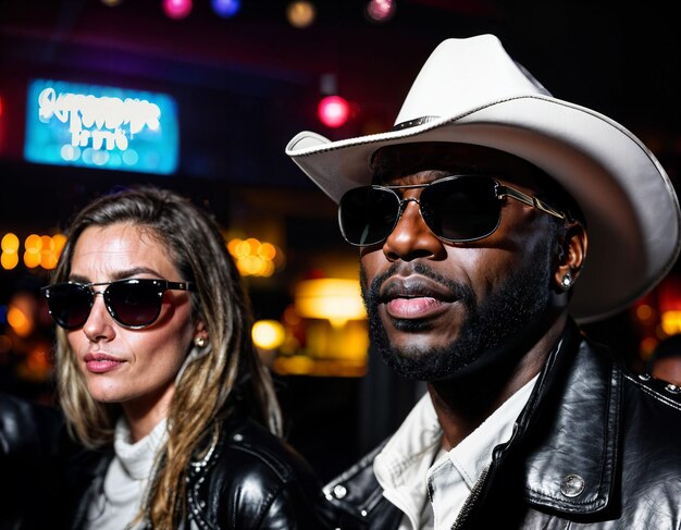 Photo photo of black african man with white turtle neck black sunglasses black leather jacket and white cowboy hat generative ai