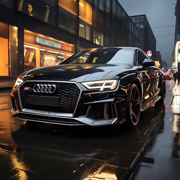 Photo photo of a black audi sline driving throw the rain by night