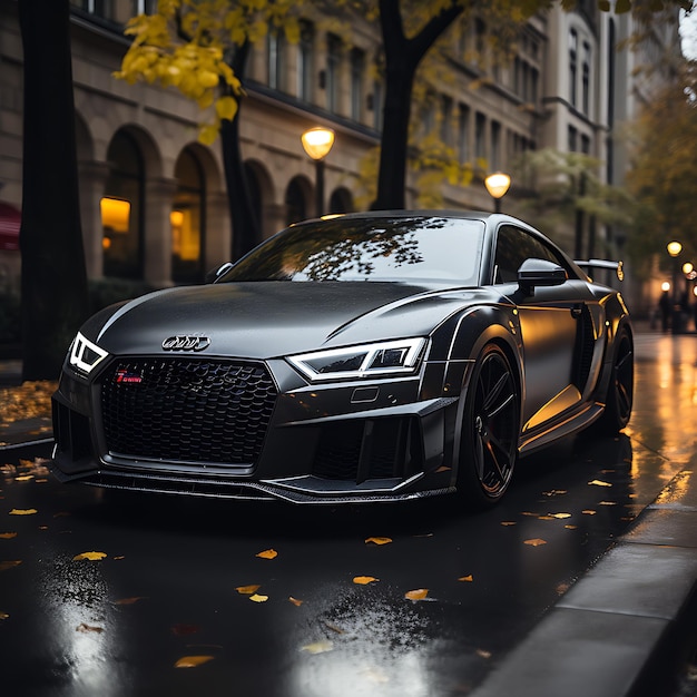 photo of a black Audi sline driving throw the rain by night