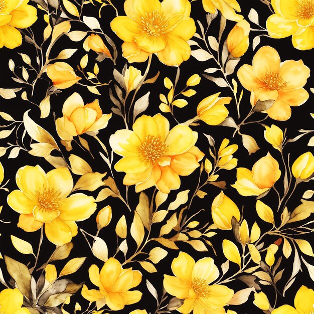 Photo black background with yellow Flowers and leaves