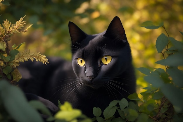 自然の真ん中にいる黒猫の写真