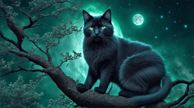 Photo black cat in tree at night