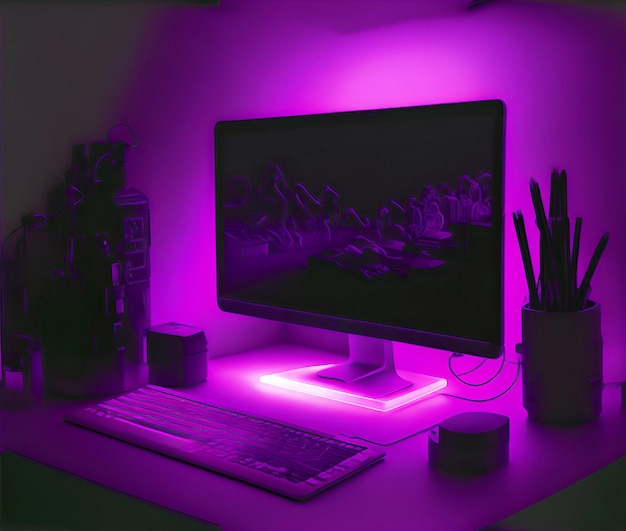 Photo black desk laptop computer with color pink purple light display