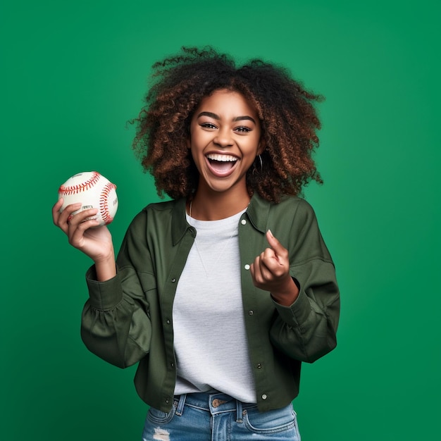 興奮して緑色の壁の前でボールを持っている黒人女性のスポーツファンの女の子の写真