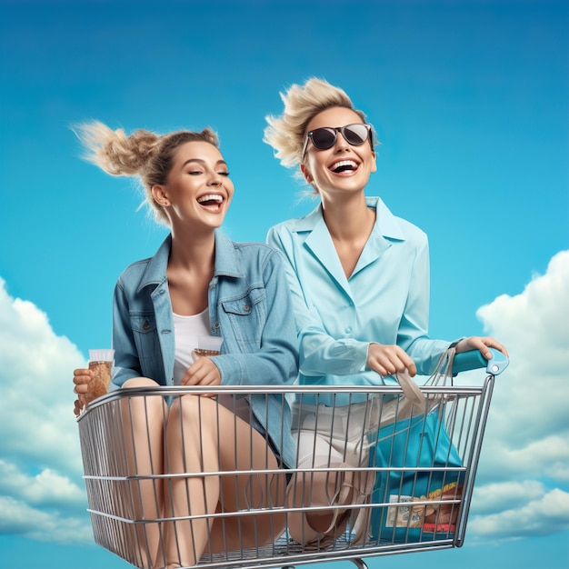 Photo black friday illustration woman shopping cart on blue sky