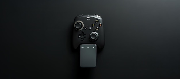 Photo of a black gaming controller on a sleek surface with copy space