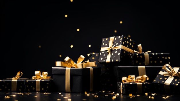 photo of black gift boxes with golden ribbon bow
