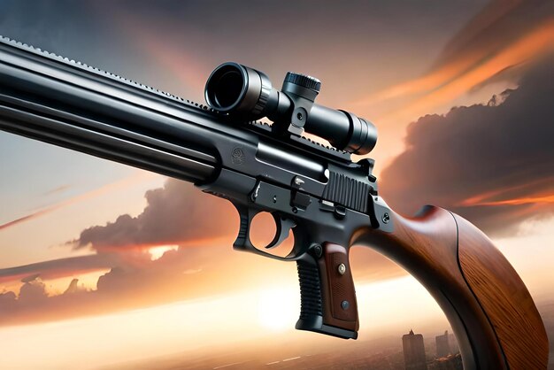 Photo black gun on sky and sunset background