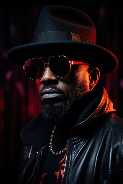 Photo of a black guy in a black hat On a black background under neon light