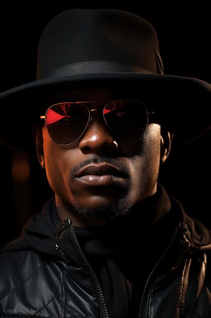 Photo of a black guy in a black hat On a black background under neon light